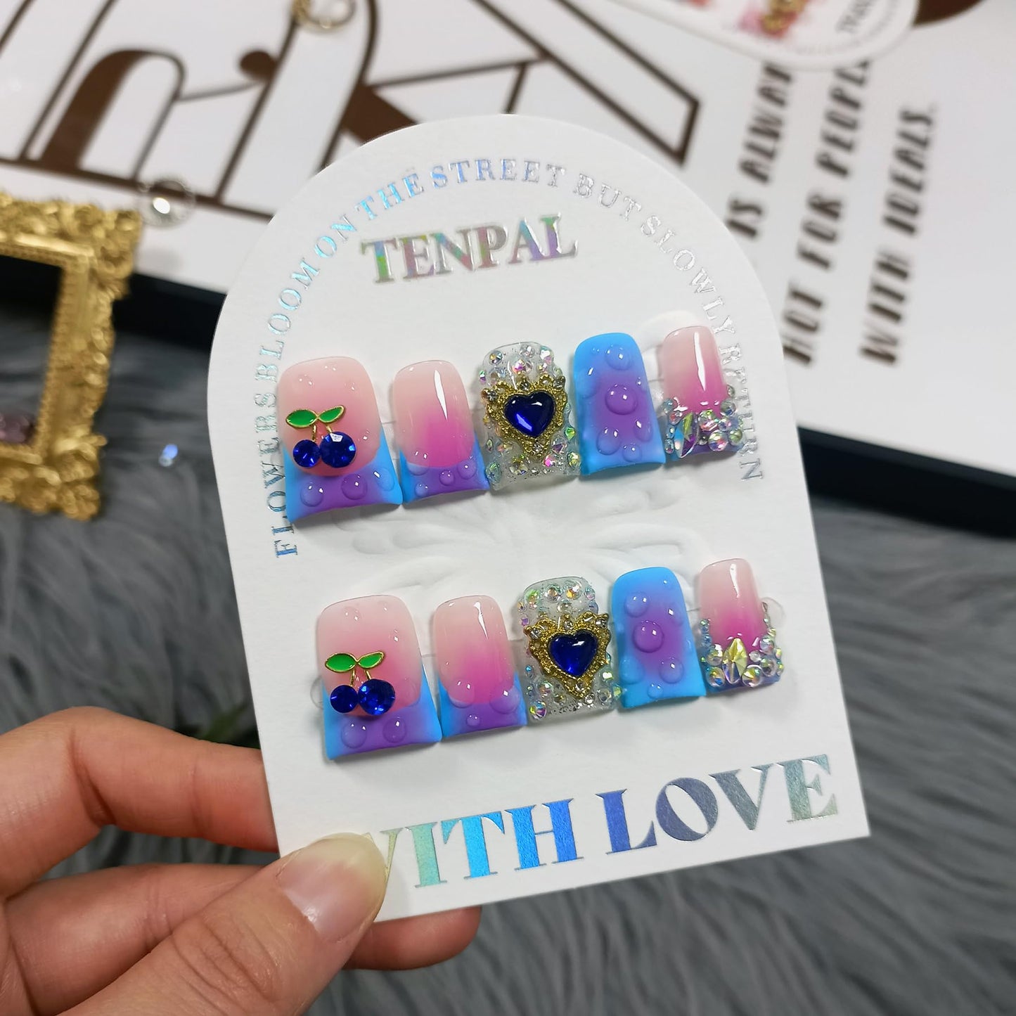 TENPAL Handmade French Tips Press on Duck Nails Kits - Icy Blue Purple Ombre Duckbill Nails with 3D Cherry Design, Acrylic Glossy Y2K False Nails for Women Girls Daily Parties(L)