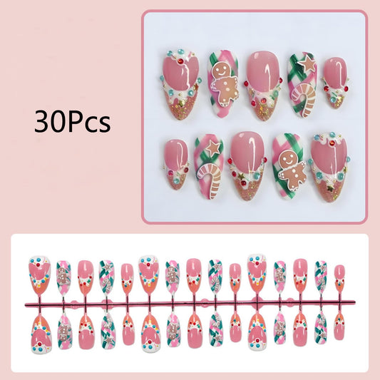 30Pcs Christmas 3D Gingerbread Man Press on Nails Medium Almond Fake Nails with Rhinestone Designs Cute Xmas Pink False Nails Gold Glitter Tip Nail Press ons Full Cover Glue on Nails for Women