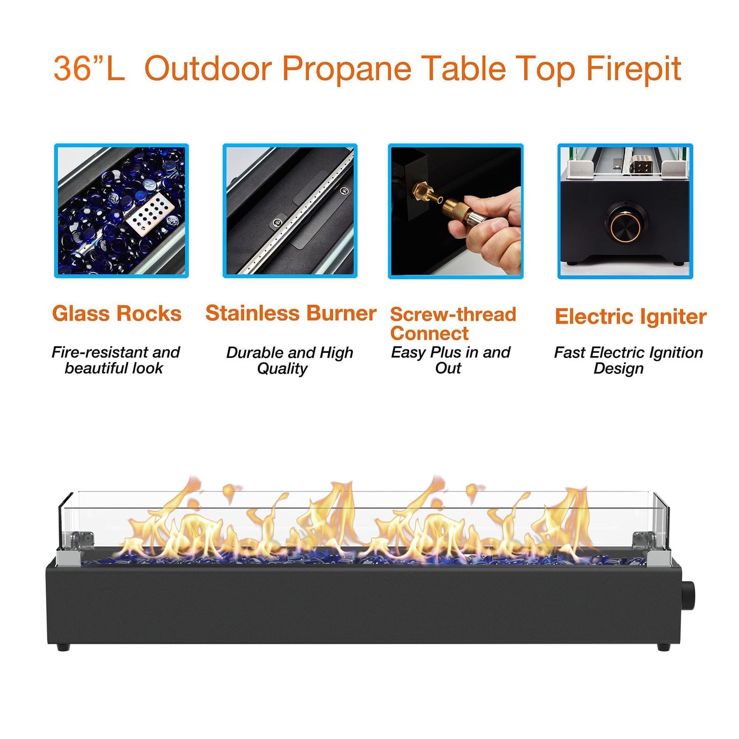 36-inch Table Top Propane Fire Pit, 40,000 BTU Tabletop Firepit for Patio, Outdoor Portable Rectangular Fire Bowl w/Wind Glass Shield, Glass Rocks - Black