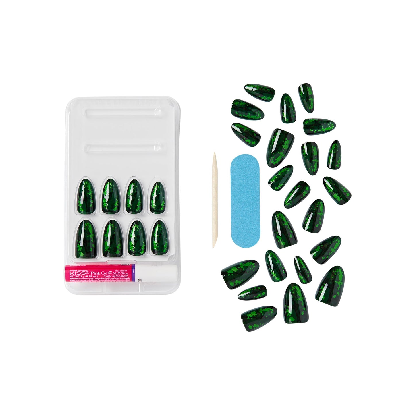 KISS X WICKED: FOR GOOD Press On Nails Almond, ‘My Future Is Unlimited’, Green, Medium, Waterproof, Chip Proof, Smudge Proof, 28 Fake Nails, Pink Gel Nail Glue (2g), Mini Nail File, & Manicure Stick