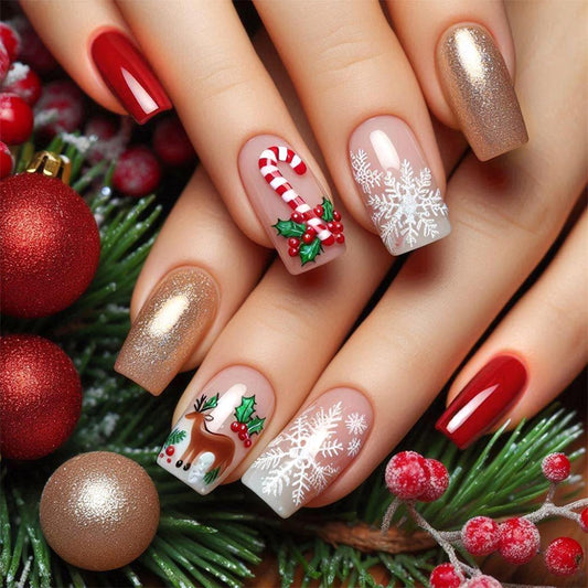 LWTZLW Christmas Press on Snowflake Elk Medium Square False Nails Gift Cane Glue on Nail Gold Glitter Design Acrylic Fake Nails Winter Artificial Glossy Nail Reusable for Women