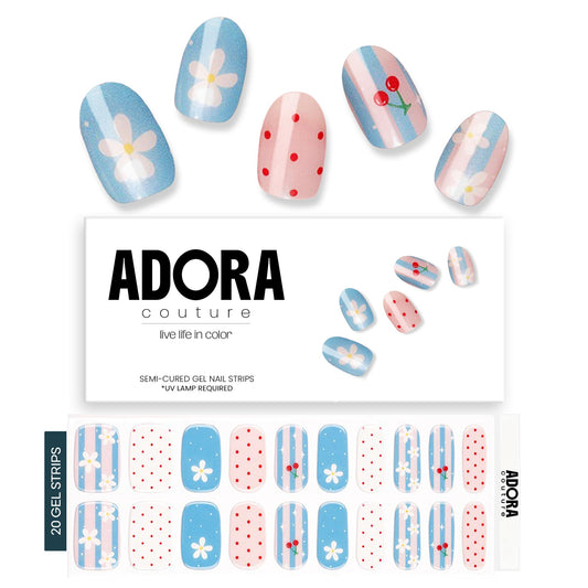 Adora Couture Semi Cured Gel Nail Strips with 20 Pieces - UV Gel Stickers, Manicure Kit, Easy Application Wraps Includes Prep Pads, Nail File, Wooden Stick - UV Light Required (Summer Joy)