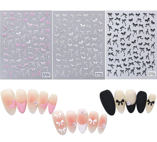 SIMAYKUWA Ribbon Bow Nail Art Stickers, 3-Sheet Nail Decals in Pink White Black Self-Adhesive Valentine's Day Nail Design Nail Supplies Nails Accessories for Women