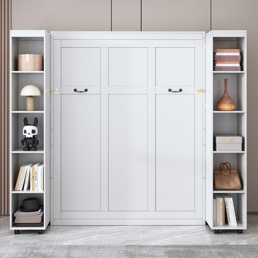 Merax Queen Size Murphy Bed with with 5-Tier Storage Shelves, Wooden Wall Bed Cabinet with Storage Doors, Foldable Platform Bedframe with Hydraulic Lift System for Guest Room and Bedroom