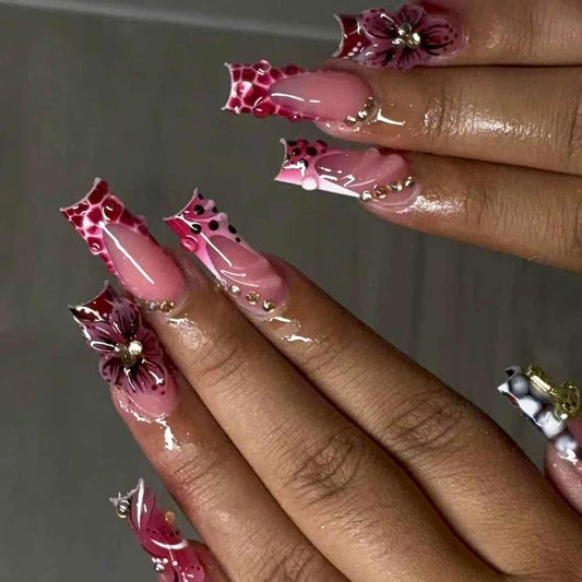 IMRAIN Press on Nails Long Square Fake Nails Pink French Tips False Nails with Crocodile Print Designs Handmade 3D Flower, Rhinestone Glue on Nails