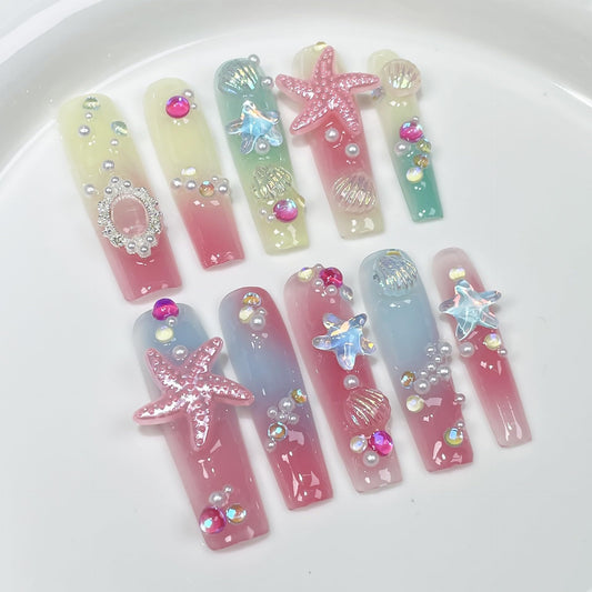 LIFOOST Press on Nails Handmade with Full Covered Crystals Multi Colored Irregular Gradient Ocean Reusable Fake Nails Long Square, Size M