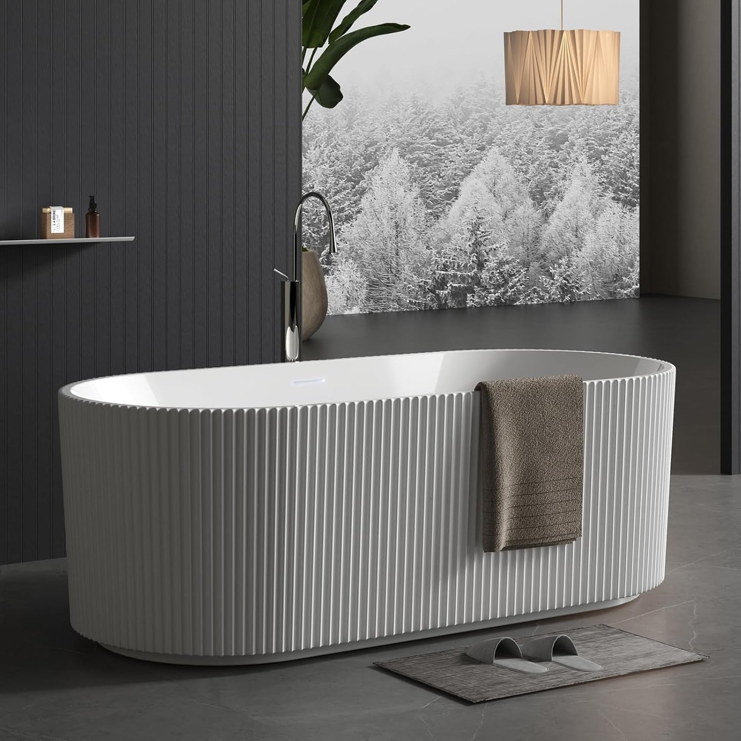 67" Acrylic Freestanding Soaking Bathtub, Matte Drain & Black Overflow, Contemporary Design Tub for Home Bathroom Renovations, Glossy White