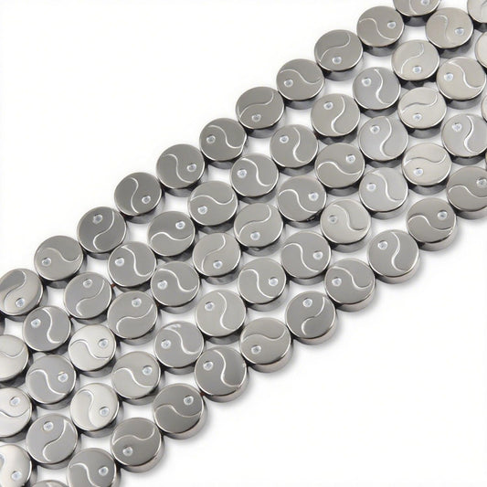 HAAMIIQII 50pcs 8mm Natural Black Hematite Loose Gemstone Beads Yin Yang Coin Shape Spacer Stone Beads for Jewelry Making DIY Bracelets Necklaces Crafting