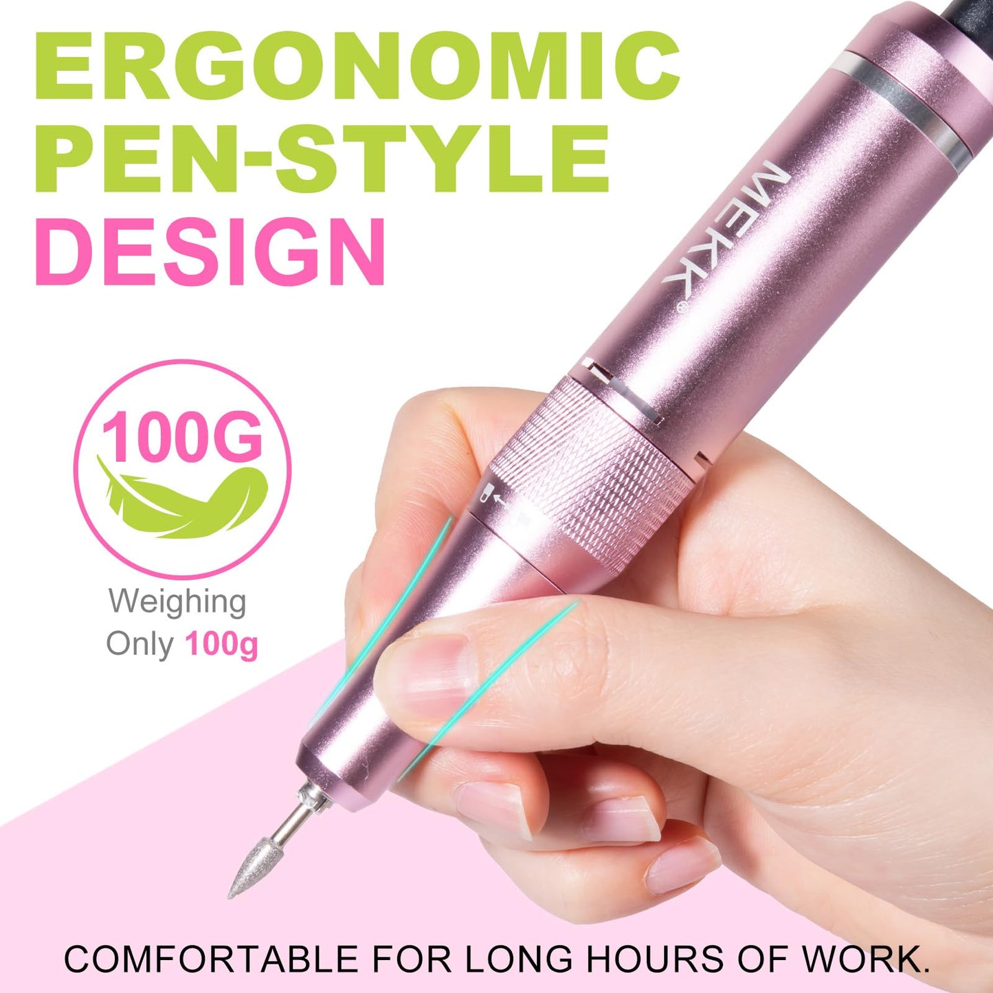 MEKK Nail Drill Kit,35000RPM Electric Nail Drill Professional Electric Nail File with 12PCS Bits,Anti-Shaking Cordless E Filer for Nails with LCD Display,Home & Salon (Pink-Green)