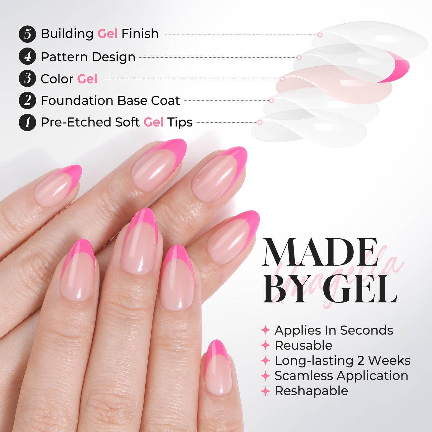 UNA GELLA 32Pcs Soft Gel Press on Nails - 16 Sizes Hot Pink Summer French Tip Almond Glue on Nails, Reusable Neon Pink False Nails, Full Cover Acrylic Nail Kit for Women DIY Home Manicure