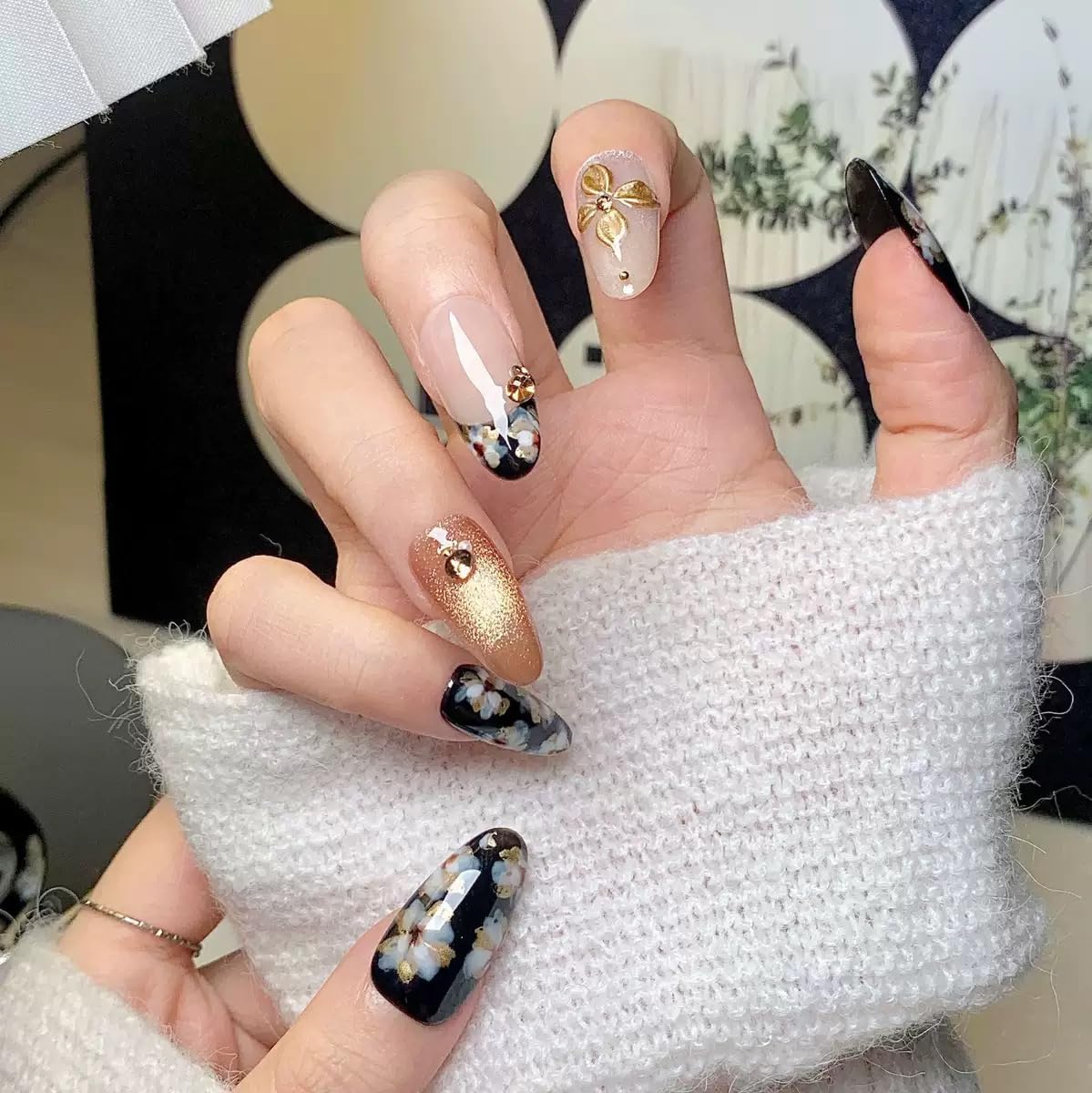 Medium Press on Almond Nails - Handmade Fake Nails with Flower Design - Black, Gold, Glossy False Nails for Women (Size S)