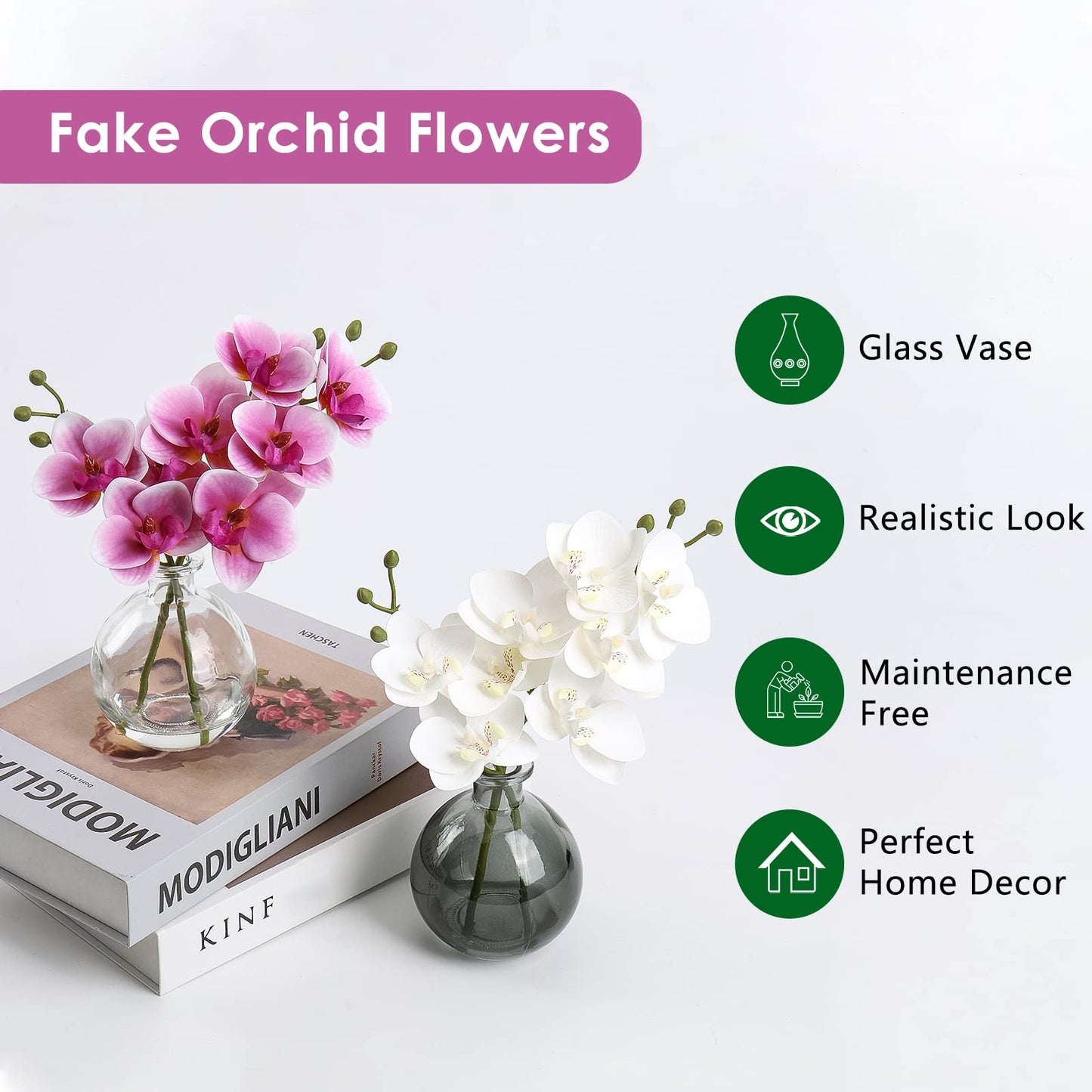 Oairse Pink Orchids Artificial Flowers Faux Orchid Arrangement with Black Glass Vase Set of 2 Real Touch Phalaenopsis Orchid Flowers Orchid Centerpiece for Dining Room Table