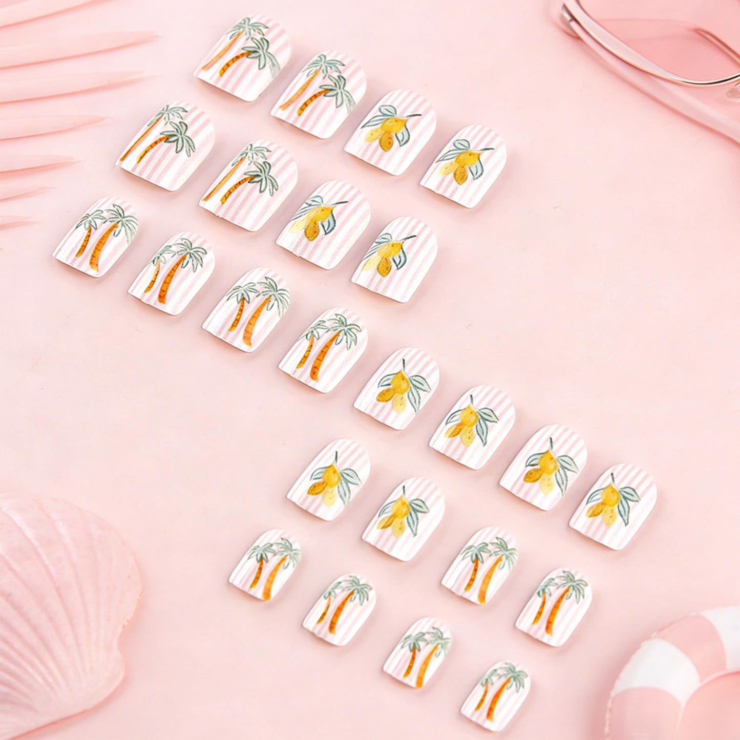 Palm Tree Short Square Press on Nails with Tropical Design Glossy Pink Strip Fake Nail Fruit False Nails Summer Glue on Artificial Fingernails Lemon Full Cover Stick on Nail for Women Daily Wear