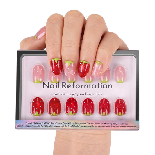 Nail Reformation Press On Nails, Strawberry Candy | Red & Pink Extra Short Round Fake Nails with Velvet Cat Eye Shimmer, Reusable Stick On Nails Kit - 32 Pcs in 16 Sizes, Manicure Gifts for Women