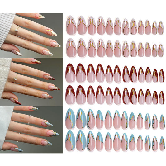 3Packs 72Pcs French Tip Press on Nails Medium Almond Fake Nails with Gold Stripes Line Designs Glue on Nails White Red Blue False Nail Tip Acrylic Nails Manicure Kit for Women Girls 12 Sizes