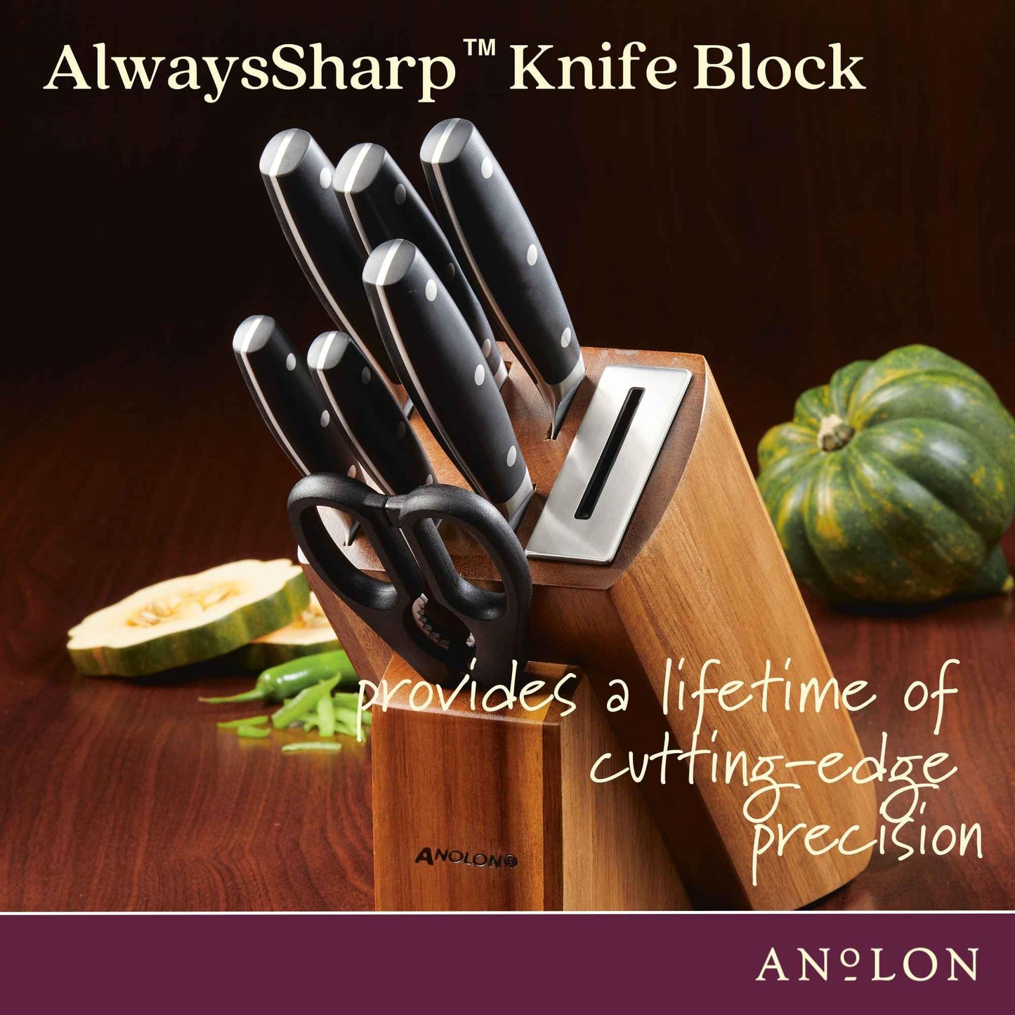 Anolon AlwaysSharp Japanese Steel Knife Block Set with Built-In Sharpener, 8 Piece