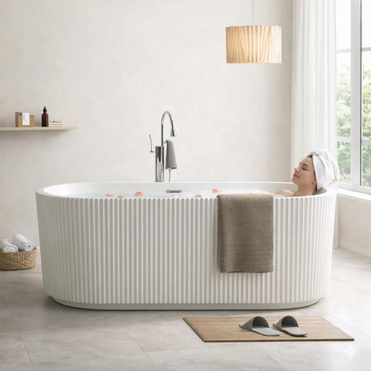 59" Acrylic Freestanding Soaking Bathtub, Deep Ergonomic Design with Lumbar Support, Integrated Overflow Drain, Non-Slip Base,cUPC Certified Modern Bathroom Tub, Easy Installation for Bathroom