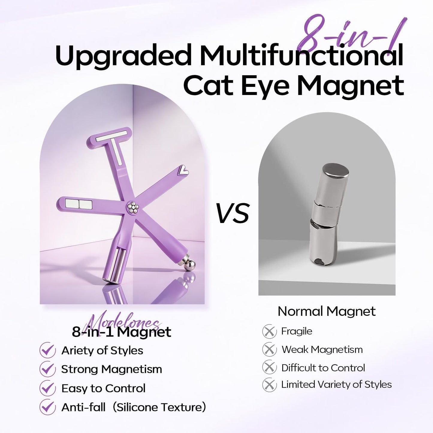 Modelones Cat Eye Gel Nail Polish Magnet, 8-in-1 Cat Eye Magnet Tool for Gel Nails Strong Magnetic Nail Art Wand with Steel Ball, Glass Bead& French Tip&Clover Cateye Multi-Effect Magnets DIY Salon