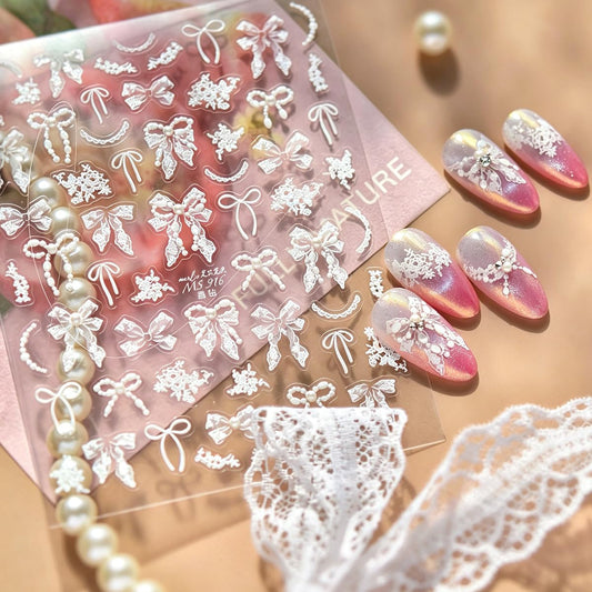 5D Raised Embossed Nail Stickers White Pearl Bow Lace Y2K Nail Art Stickers Self Adhesive Elegant Bridal Wedding Nail Decals for Women Girls DIY Manicure Supplies, 1 Sheet