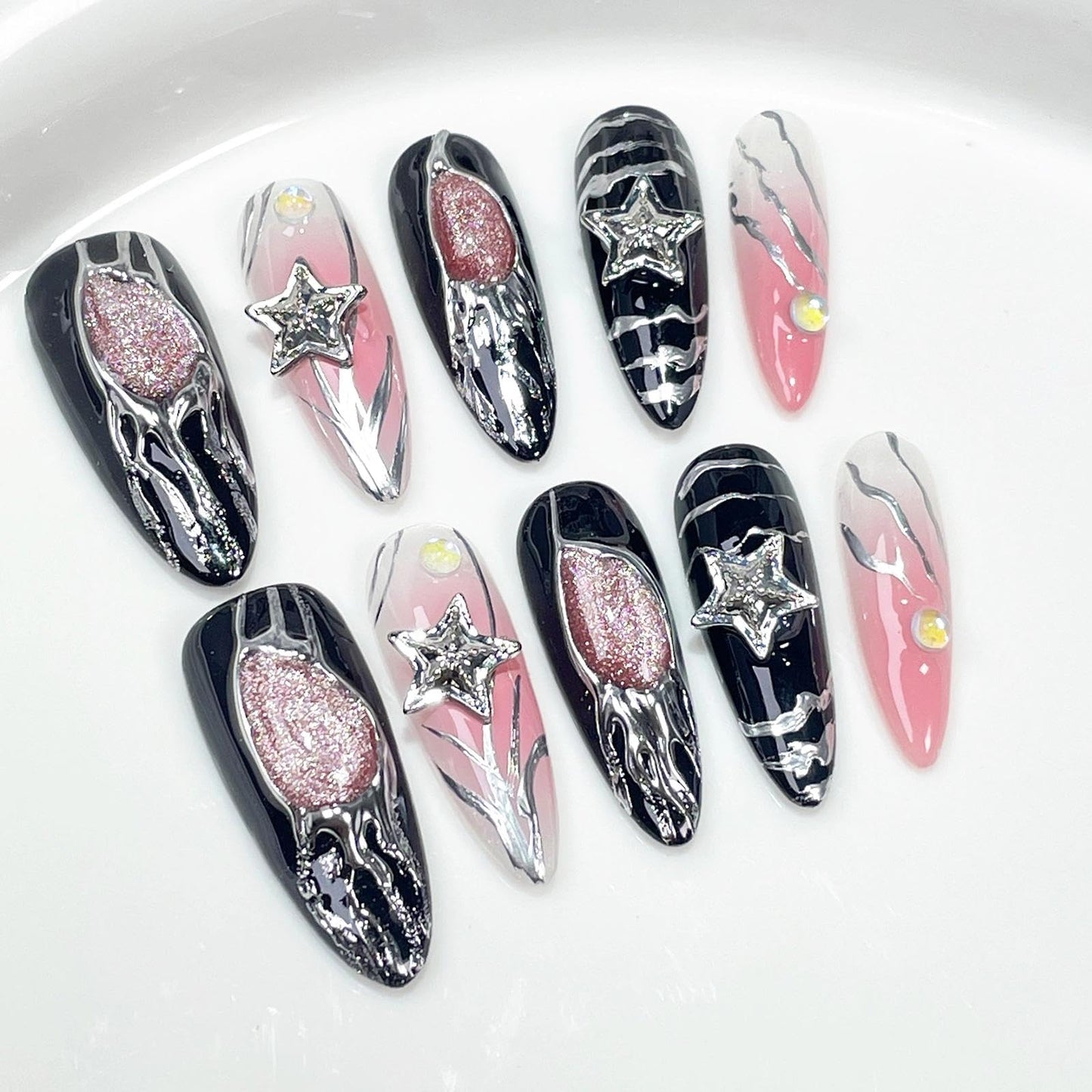Handmade 3D Sweet Edgy Star Black Pink Stiletto Press On Nails, Metallic Stream Glitter Artisan Nails Set, Reusable Glossy Press-ons with Tool Kit(M)
