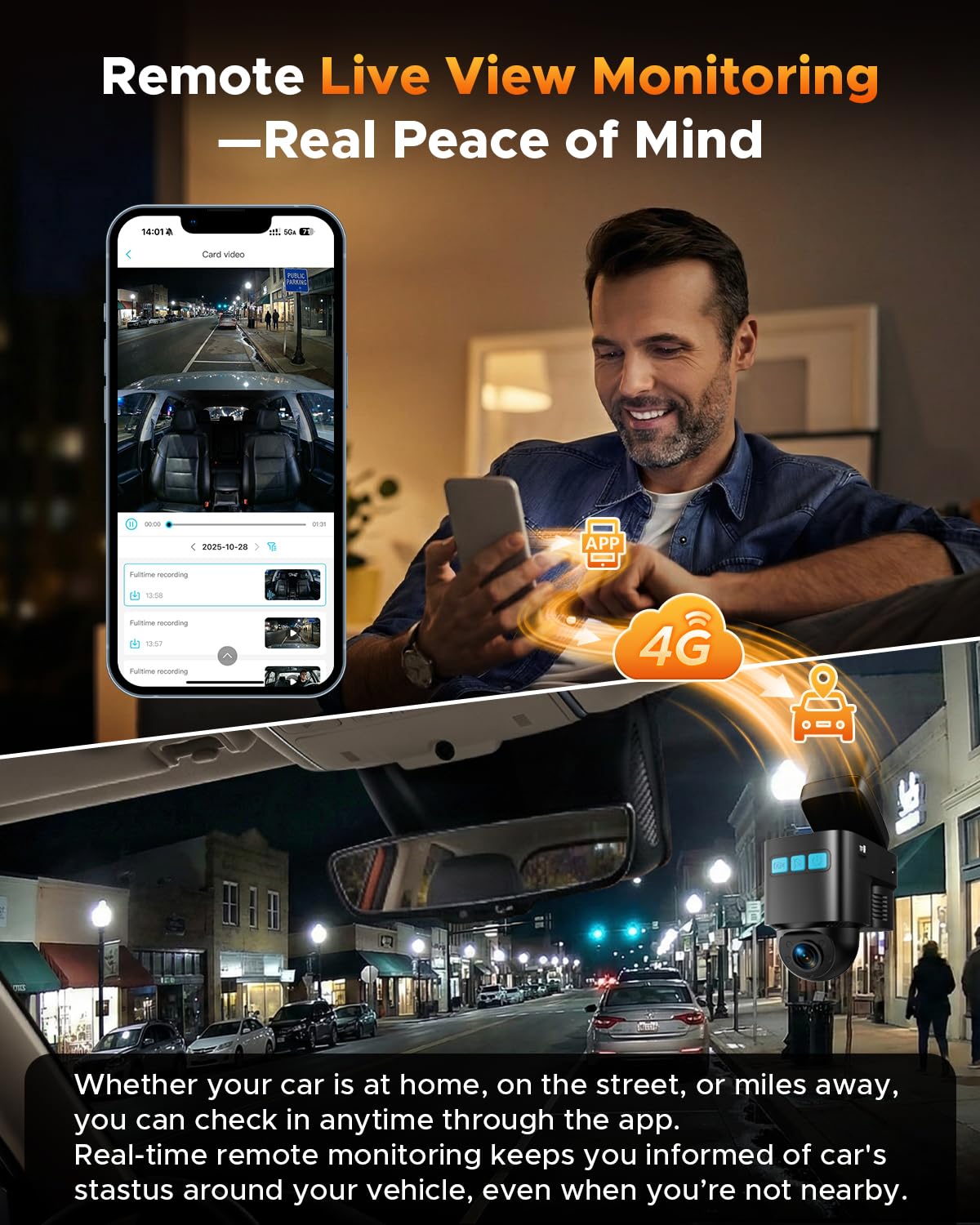 Volam 4G LTE Cellular Dash Cam with Live Streaming & GPS Tracking - Dual Car Security Camera with Remote Live View,Cloud Storage,AI Motion Detection,Sentry Mode, Anti-Theft Protection for Vandalism
