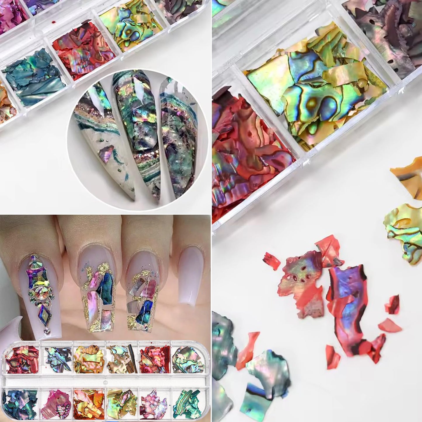 12Grids Nail Art Aurora Abalone Shell Flakes, Shiny Irregular Sea Shell 3D Charms Summer Slices Holographic Nail Art Sequins Natural Sea Shells Nail Glitters Manicure Paillette Tip Decor Accessories