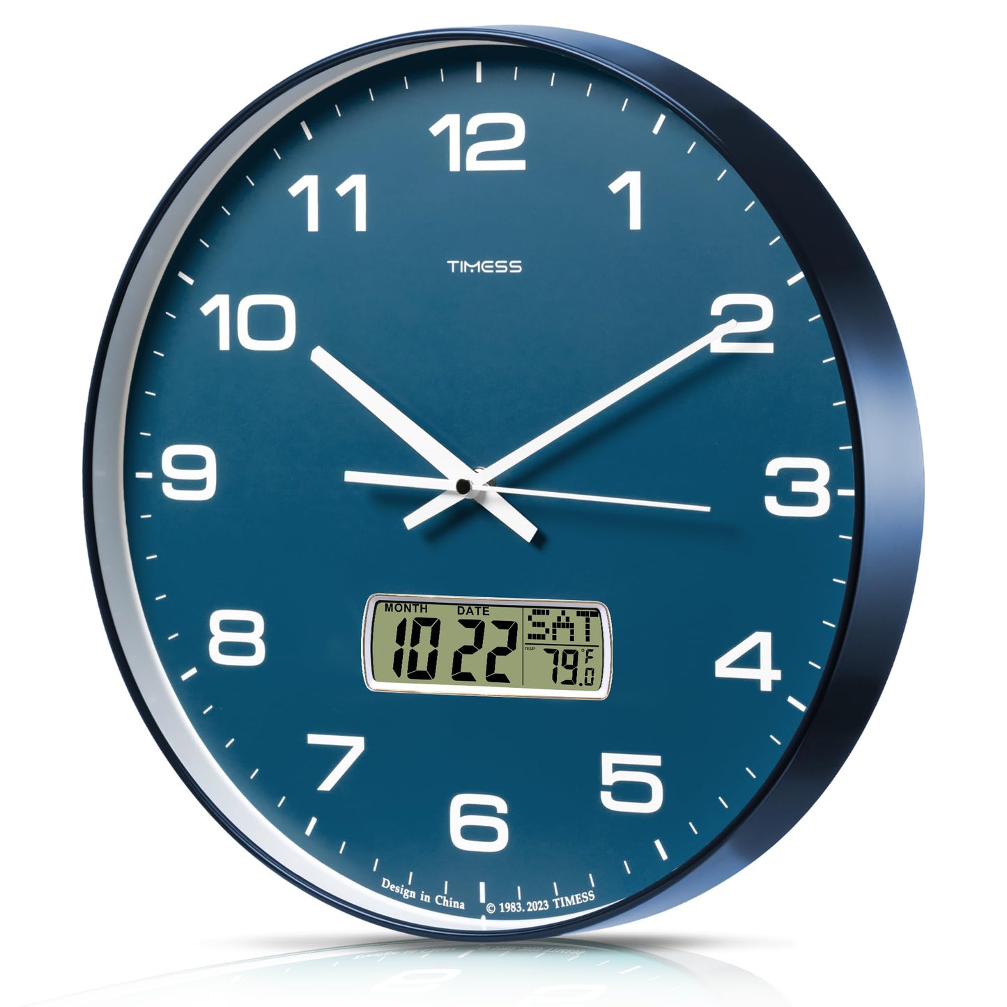 TIMESS Wall Clock, 14" Large Dial Non-Ticking Silent Battery Operated Analog with LCD Display for Perpetual Calendar and F° Temperature, Ideal Modern Home, Bedroom, Kitchen, Office Decor (Blue)