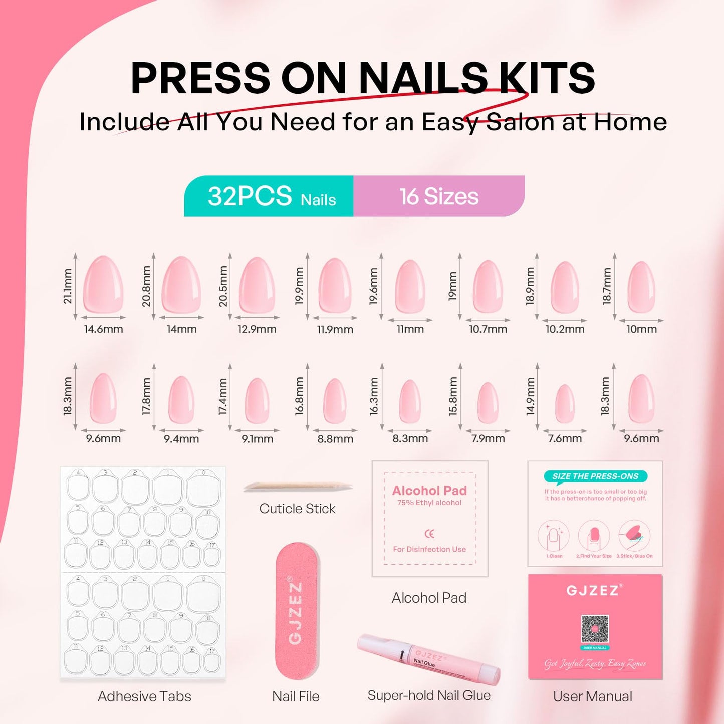 Dusty Rose Press on Nails Short Almond - GJZEZ Soft Gel Spring French Tip Fake Nail Press Ons Gifts for Women, Salon Quality Natural Fit Cute Reusable Faux Nails | 16 Sizes - 32 Pcs, Taffy Deep Pink