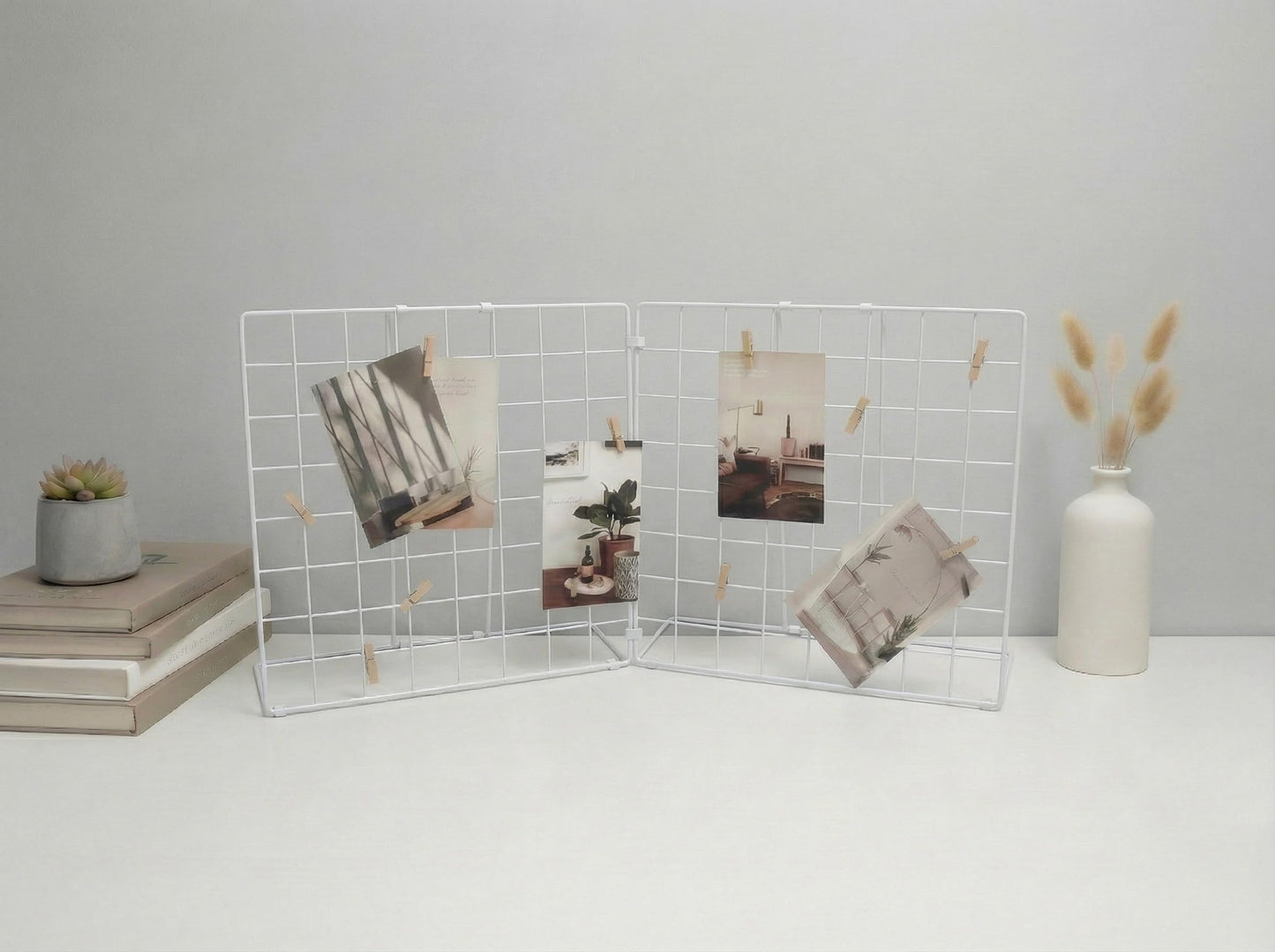 JAJAGOU Foldable Double-sided Desktop Photo Display Rack & Grid Display Board With 20 Wooden Clips – Photo & Accessory Organizer For Home Office White