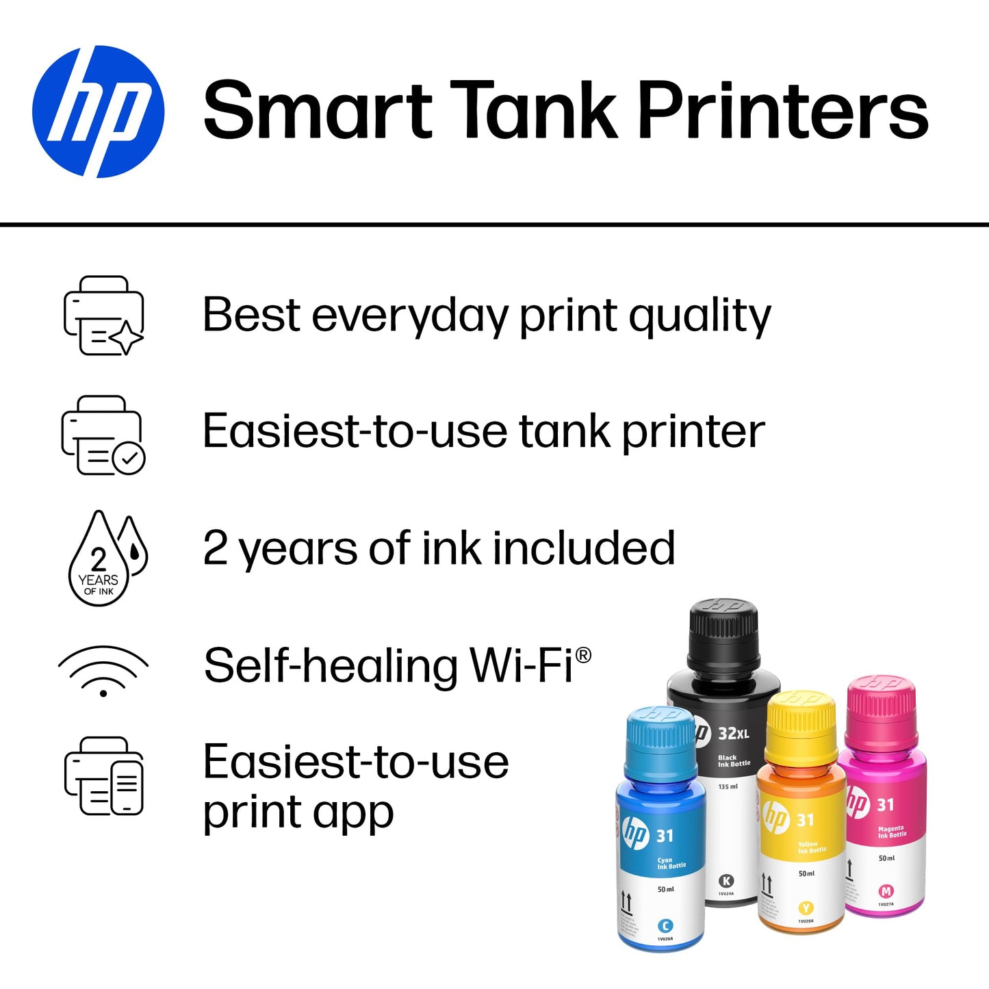 HP Smart Tank 5000 Wireless All-in-One Ink Tank Printer, Scanner, Copier with 2 Years of Ink Included, Best-for-Home, Cartridge-Free, Refillable, AI-Enabled, an EcoTank Alternative (5D1B6A)