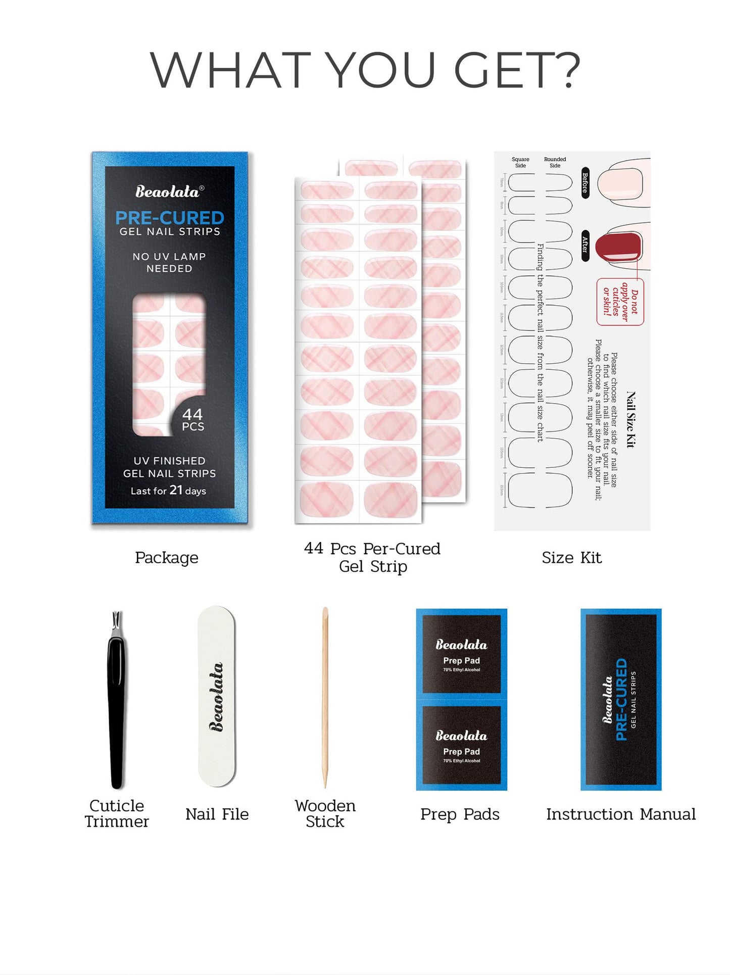 Beaolata Real Gel Nail Strips (No UV Light Needed) - 44Pcs Salon Quality Nail Stickers - Long Lasting Polish Wraps for Women, Easy Apply & Remove (Vintage Pink