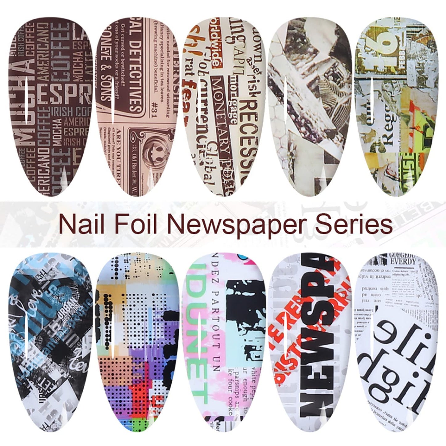 Holographic Nail Foil Transfer Stickers Decals, Funny Nail Polish Sheets, Newspaper Letter Nail Art Designs Acrylic Nails Supplies for Nail Transfer Glue Polish, Women Nail Decal Film Decorations