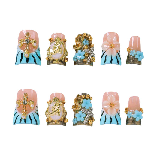 Tesytto Handmade Press On Nails Blue Zebra Short with Gold Angel Cross 3D Flower Rhinestone Charm, Stick On Fake Nails for Women, Reusable Baroque Vintage False Nails,10 Pcs(Baroque Enchanted Dream,S)