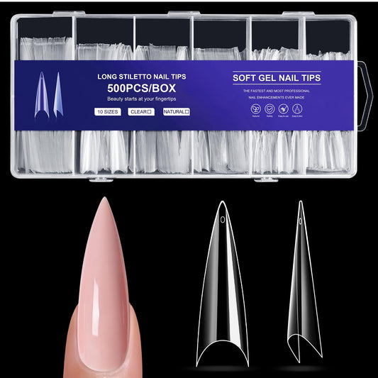 krofaue Extra Long Stiletto Nail Tips - 500PCS False Clear Nais with 10 Sizes Half Cover Pointed Press On Artificial Acrylic for Salon DIY, XL