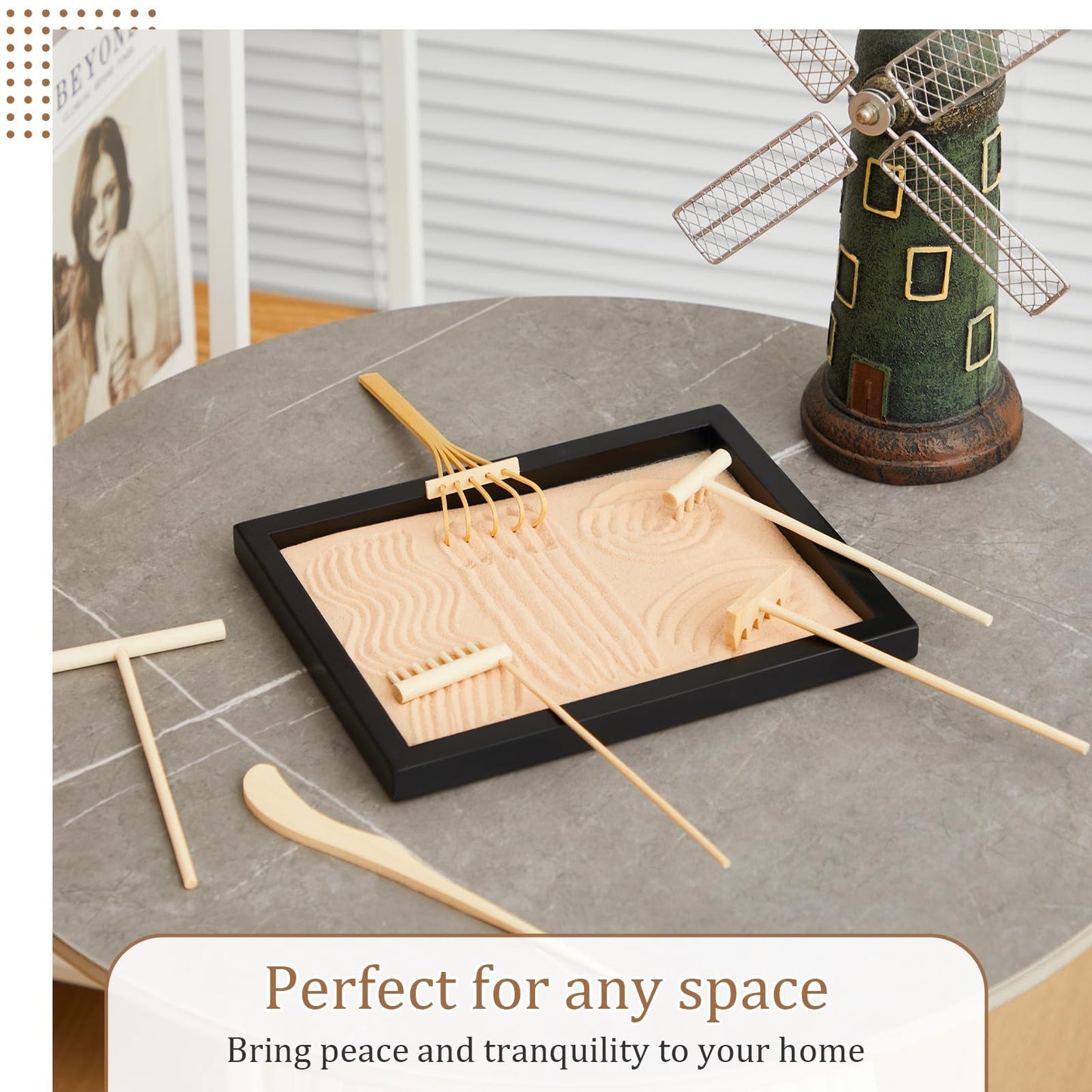 Soulchen 8 Pcs Mini Zen Garden Kit for Table Decor DIY Your Own Zen Garden 8.5" x 6.7" Japanese Sand Tray 6 Rake Tools Meditation Gifts Set for Home Office Tabletop Accessories Therapy Stress Relief