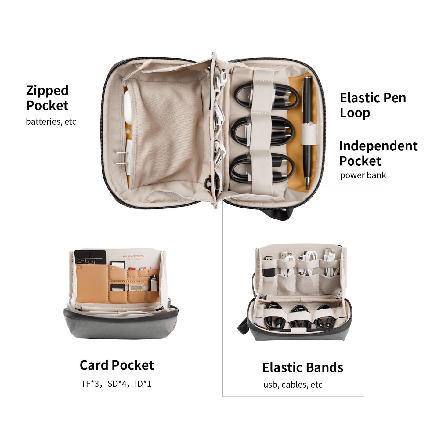PGYTECH Mini Travel Tech Organizer, Waterproof Tech Bag, Electronics Accessories Organizer Carrying Case, Cable Organizer Bag for Cables, Cord, Phone Batteries, Charger,Photography SD Card, Black