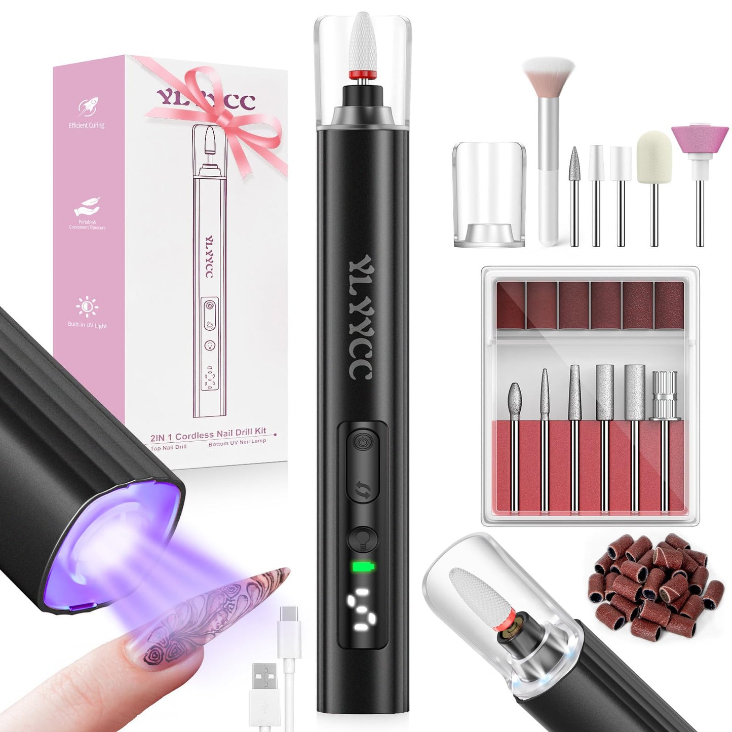 Cordless Nail Drill Electric File with UV Nail Lamp:Professional for Acrylic Gel Dip Powder Nails Portable Nail Drill Machine Kit for Manicure Pedicure Nail Set Rechargeable Lightweight (Black)