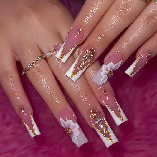 RTKHFZE Press on Nails Long Square Fake Nails Gold Glitter V Shape False Nails French White Flower and Three-Dimensional Rhinestones Designs Acrylic Nails Glossy Full Cover Stick on Nail for Women
