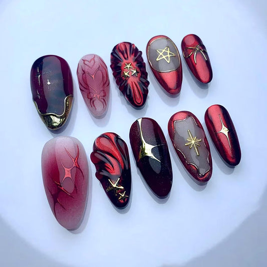30Pcs Red Press on Nails Charms Medium Almond Fake Nails Stars Pattern French Nails Glossy Wine Red Acrylic False Nails Full Cover Stick on Nail Artificial Manicure for Women Daily Wear