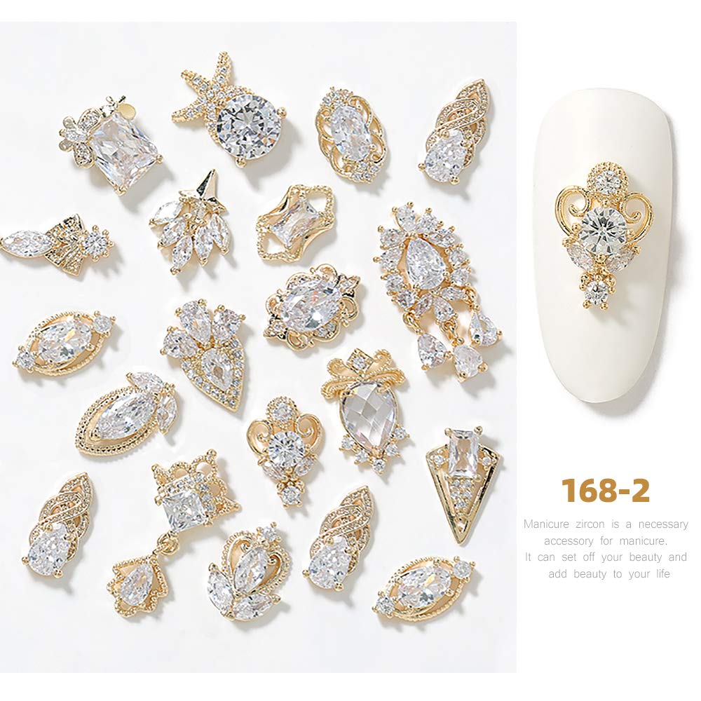 HNUIX Nail Charms and Gems - Gold Copper Zircon, Multiple Shapes 3D Dangle, Metal Jewelry Rhinestones for Nails 17 Pieces