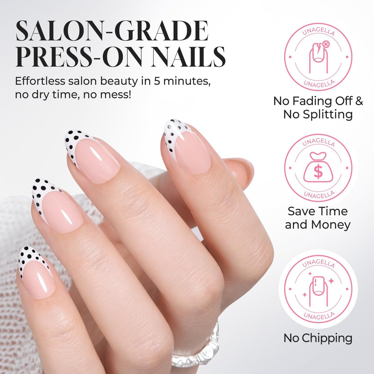 UNA GELLA 32Pcs Soft Gel Press on Nails - 16 Sizes Polka Dot French Tip Almond Glue on Nails, Reusable Nude False Nails with Black Dots, Full Cover Acrylic Nail Kit for Women DIY Home Manicure