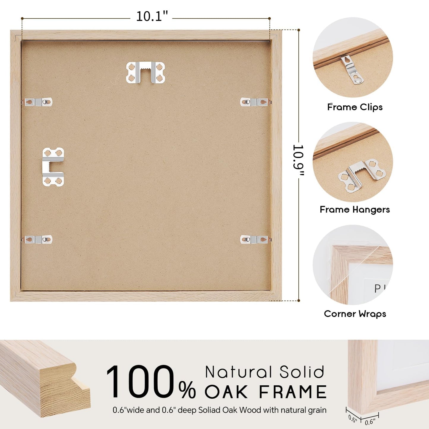 puthiac 10x10 Solid Oak Wood Picture Frame, Fits 6x6 with Mat or 10x10 Without Mat, Wall Display Only, Plexi Front, 1 Pack, Natural Oak