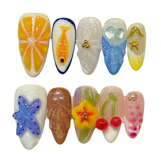 Handmade Press On Nails-3D Almond Carved Cherry Summer Seashell Starfish Island Resort Style,Wedding Prom And Festival Traving Gift,Thick Acrylic and Muti-Layer Gel Reusable False Nails (L)