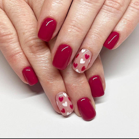 24Pcs Valentine Short Press on Nails Wine Red Fake Nails Heart Full Cover Glue on Nails Square White Heart False Nails for Women Glossy Acrylic Nails Press ons Valentine Nails Manicure Kit