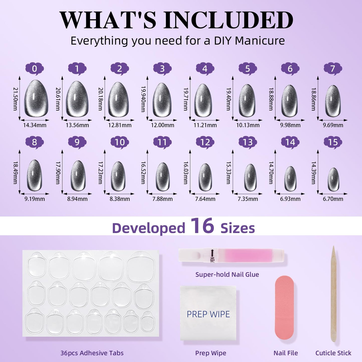 Black Cat Eye Press On Nails - Short Almond Black Nails Press ons for Women, Reusable Glossy Fake Nails Kit with Glue, 32 Pieces in 16 Sizes