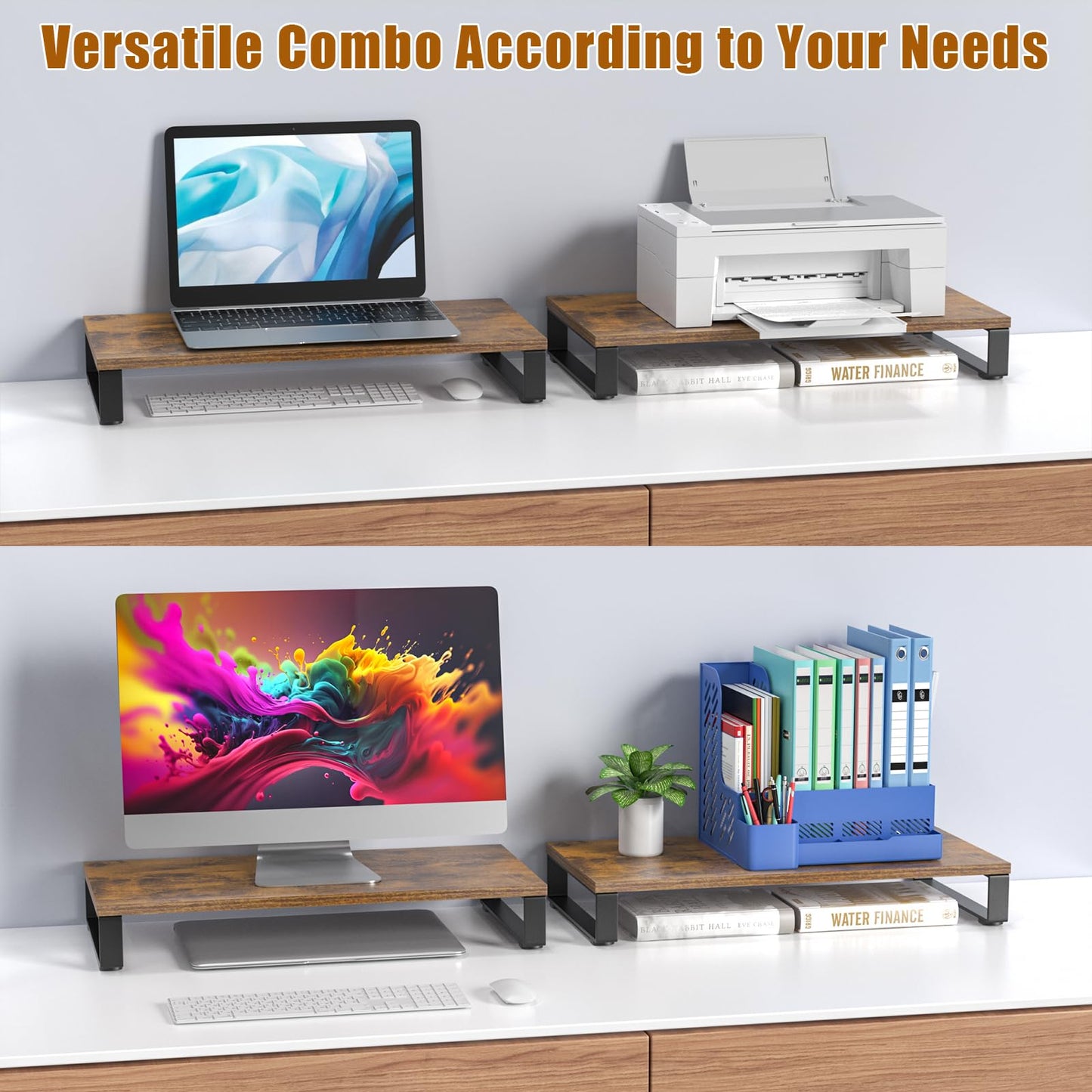 XINYAO Monitor Stand for Desk, Wood & Steel Computer Stand Riser with Storage Organizer for Office Laptop, PC, Printer 24x12 inch