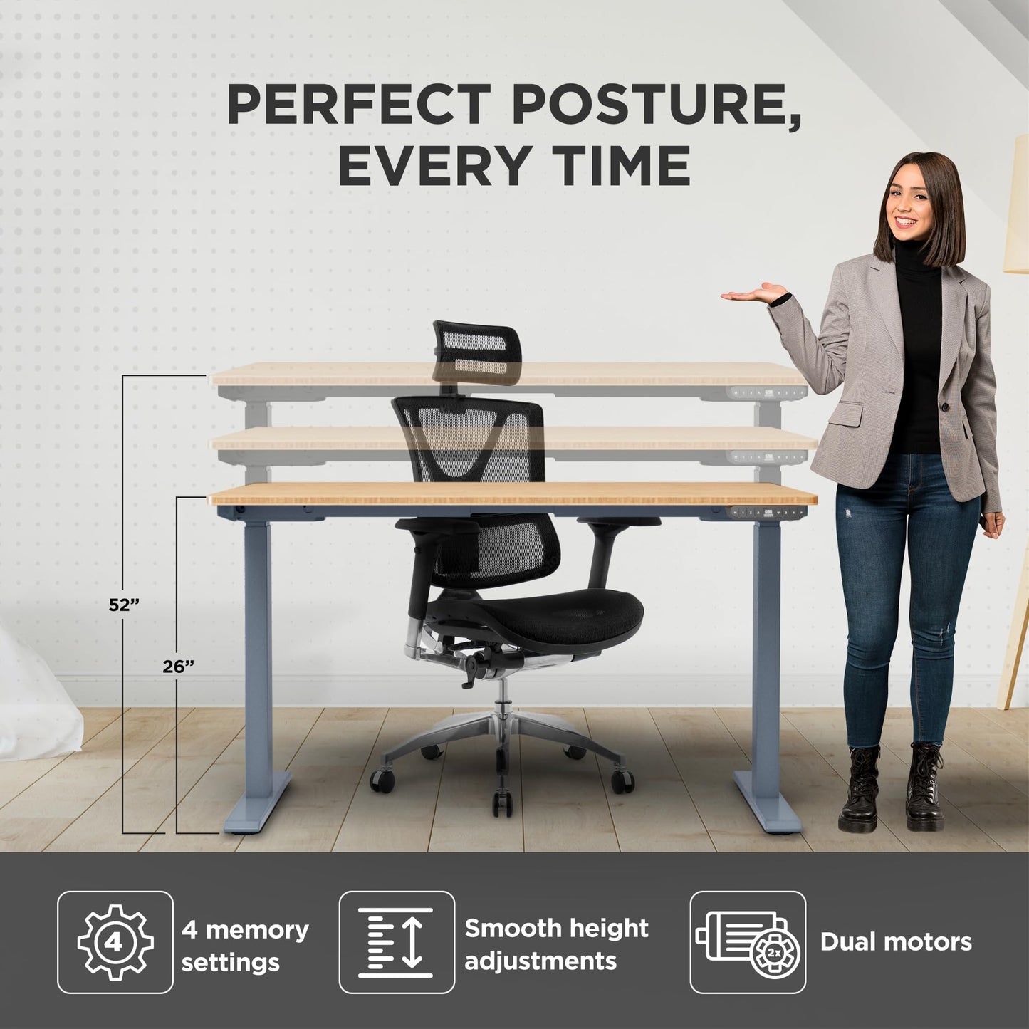 RISE UP dual motor electric standing desk 60x30" black bamboo desktop premium ergonomic adjustable height sit stand up home office computer desk table motorized powered modern furniture small standup