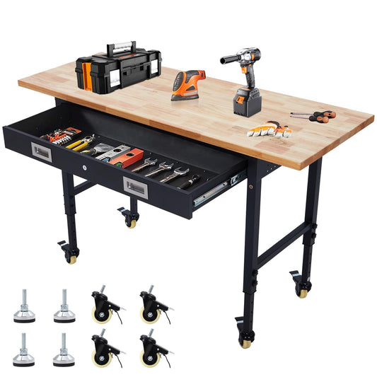 Work Bench 60" Adjustable Height, Heavy-Duty Portable Workbench with Power Outlets and Drawer for Garage & Workshop, 2000 LBS Load Capacity, Work Table for Office, Home, Easy Assembly