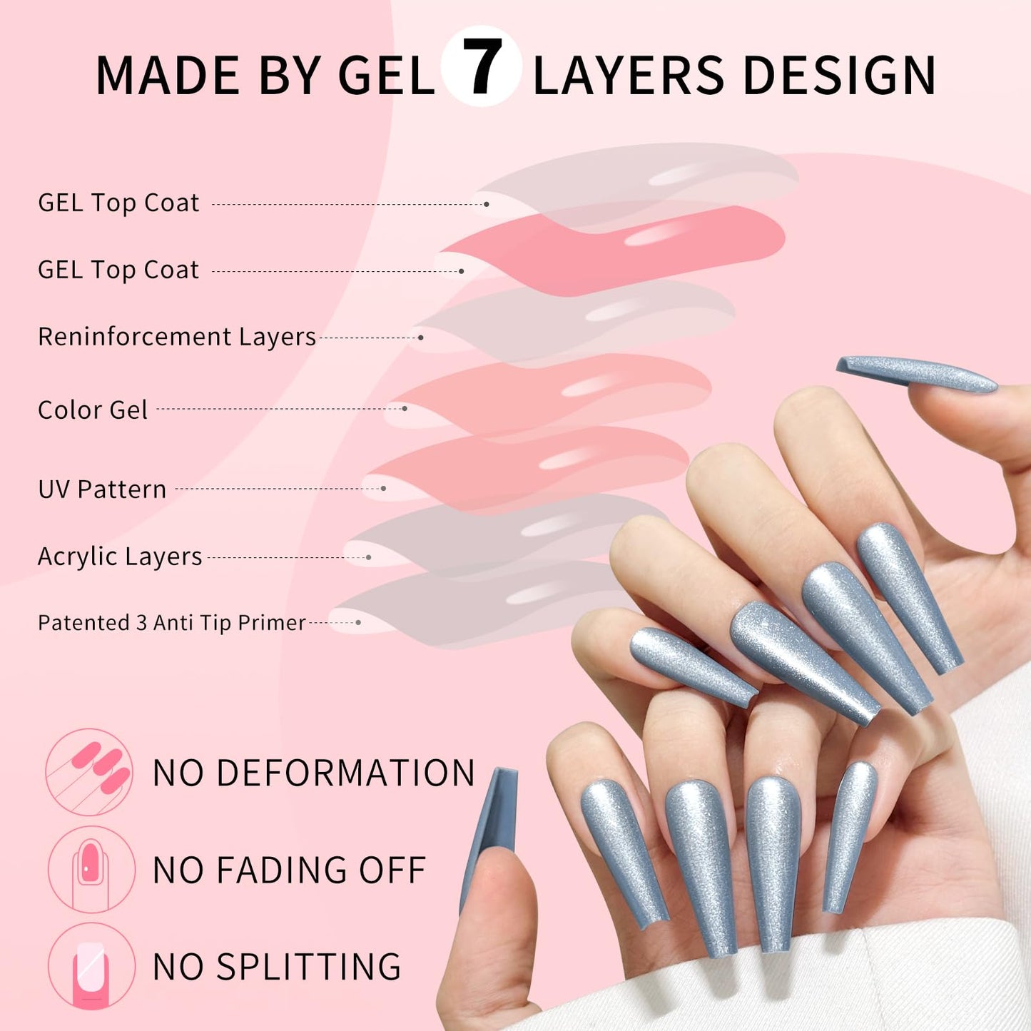 Light Blue Cat Eyes Press On Nails,12 Sizes - 24 Pcs Soft Gel Blue Long Coffin Fake Nails Kit with Nail Glue, Natural Reusable Stick On False Nails for Women and Girls SK1055