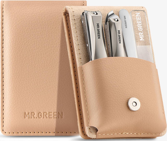 MR.GREEN 4Pcs Nail Clipper Set, Upgraded Anti-Splash Nail Clippers with Nail File and Tweezers, German Stainless Steel Professional Nail Cutter Portable Nail Care Kit with Leather Case for Men & Women